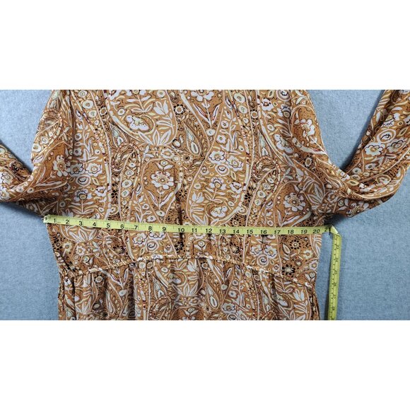 Melloday Blouse Women XL Smocked Paisley Peasant Elastic Sleeves Mustard & Ivory - Picture 2 of 14